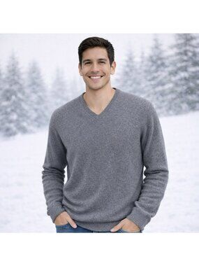 Lands End 100% Cashmere V-Neck Sweater Mens Large Gray